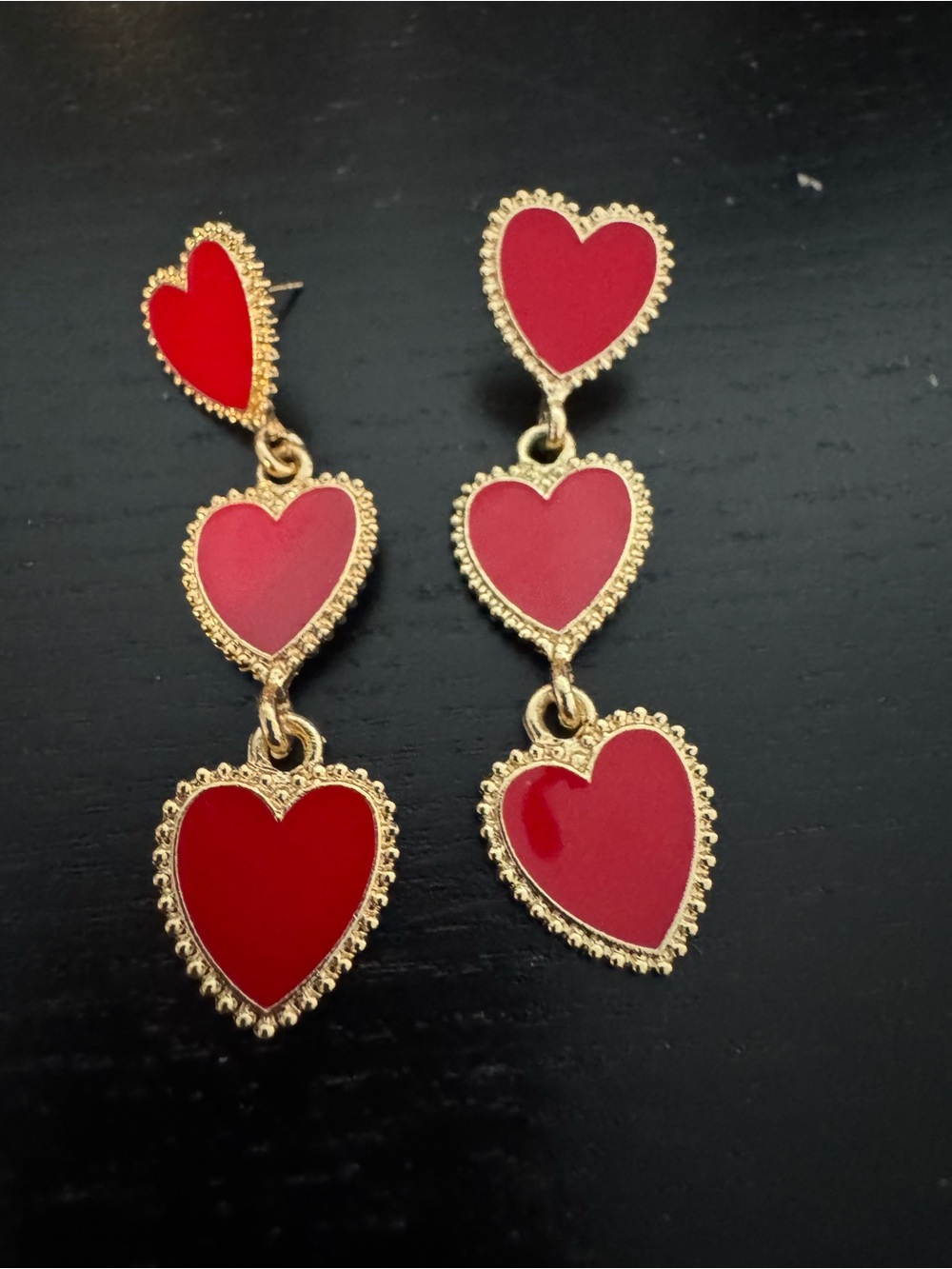 Gold-Tone Triple Red Heart Drop Earrings - Picture 4 of 9